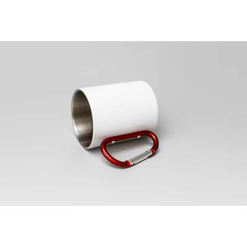 300ml White Stainless Steel Camping Mug with Red Carabiner Handle – Lightweight Double Wall Travel Cup for Hiking, Outdoor, and Daily Use