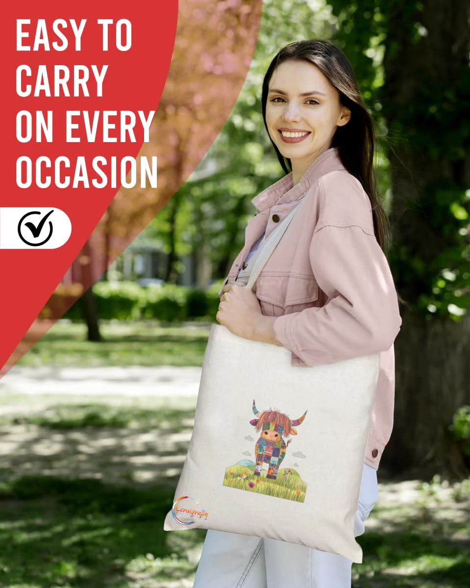 Colorful Highland Cow Tote Bag – Handmade in the UK, Ethically Printed, Durable & Reusable Fabric Shopper with Whimsical Patchwork Design – TB2220