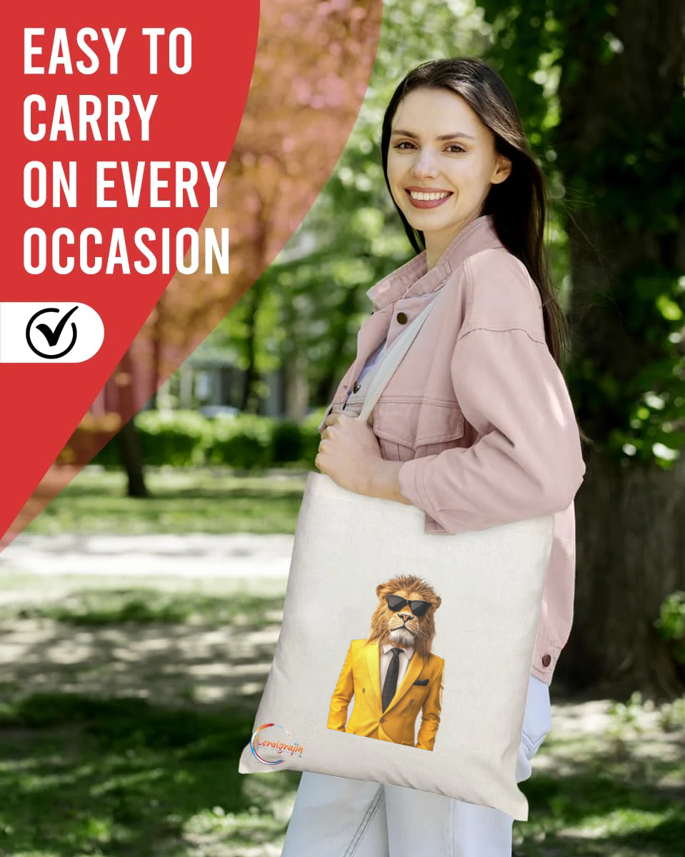 Cool Lion in Yellow Suit Tote Bag – Handmade UK Custom Printed Reusable Shoulder Bag for Animal Fashion Fans, Eco-Friendly Gift – TB2224