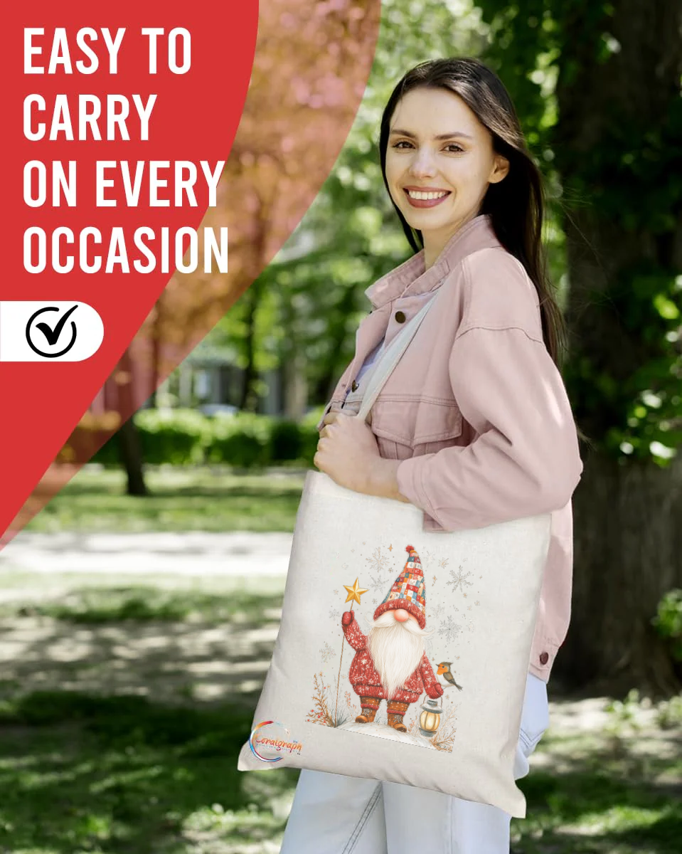 Christmas Gnome Tote Bag – Festive Santa Gonk with Star & Lantern Design, Handmade in the UK, Reusable & Durable Holiday Shopper – Product Code: TB2241