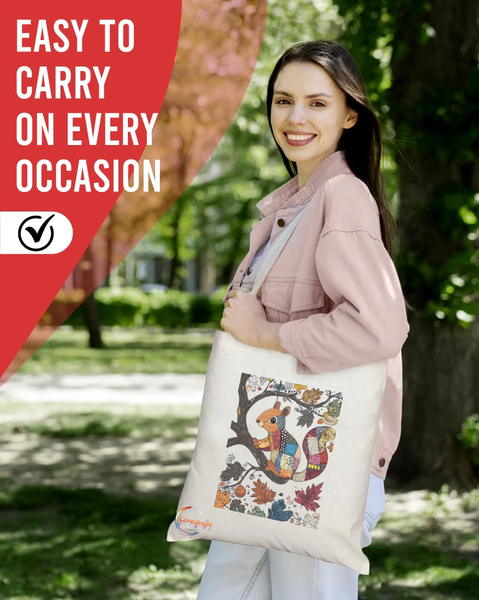 Autumn Patchwork Squirrel Tote Bag – Vibrant Fall Leaves Design, Handmade in the UK, Ethically Crafted & Durable Reusable Shopper TB2236