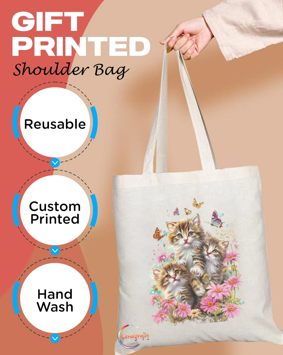 Adorable Three Kittens with Flowers and Butterflies Tote Bag – Handmade in the UK – Durable Reusable Polyester Blend Shopping Bag – TB2201