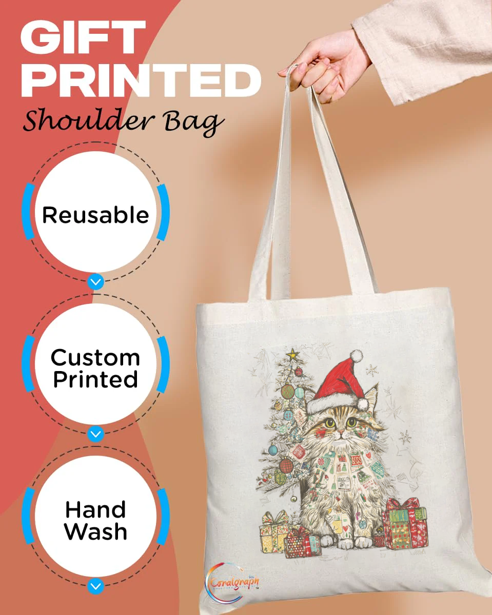 Cute Christmas Cat Tote Bag with Santa Hat – Reusable Eco Shoulder Bag for Holiday Shopping & Gifting – Handmade in the UK – TB2205