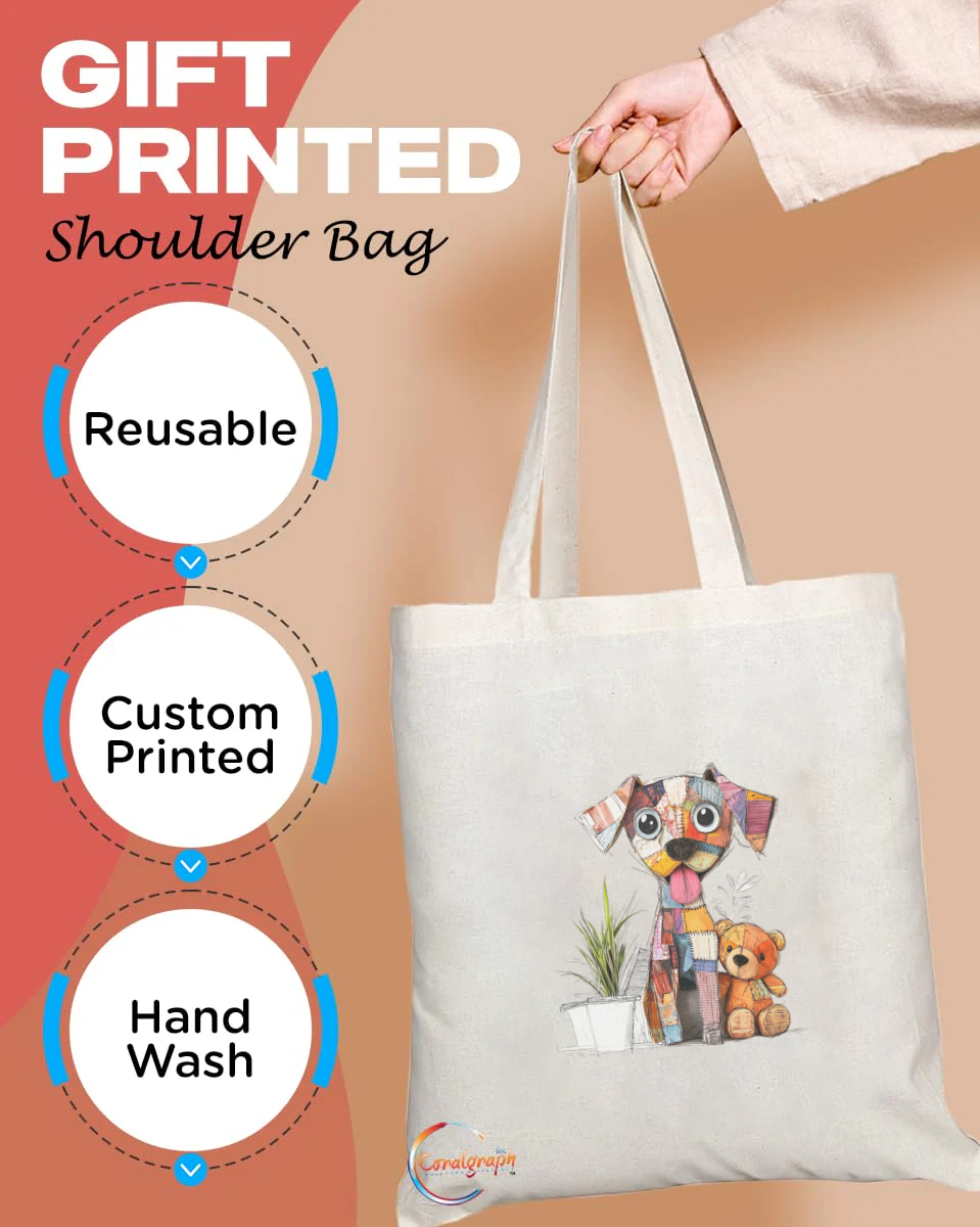 Adorable Patchwork Puppy Tote Bag with Teddy Bear and Plant – Eco-Friendly, Handmade in the UK, Reusable & Durable Gift Bag – TB2209