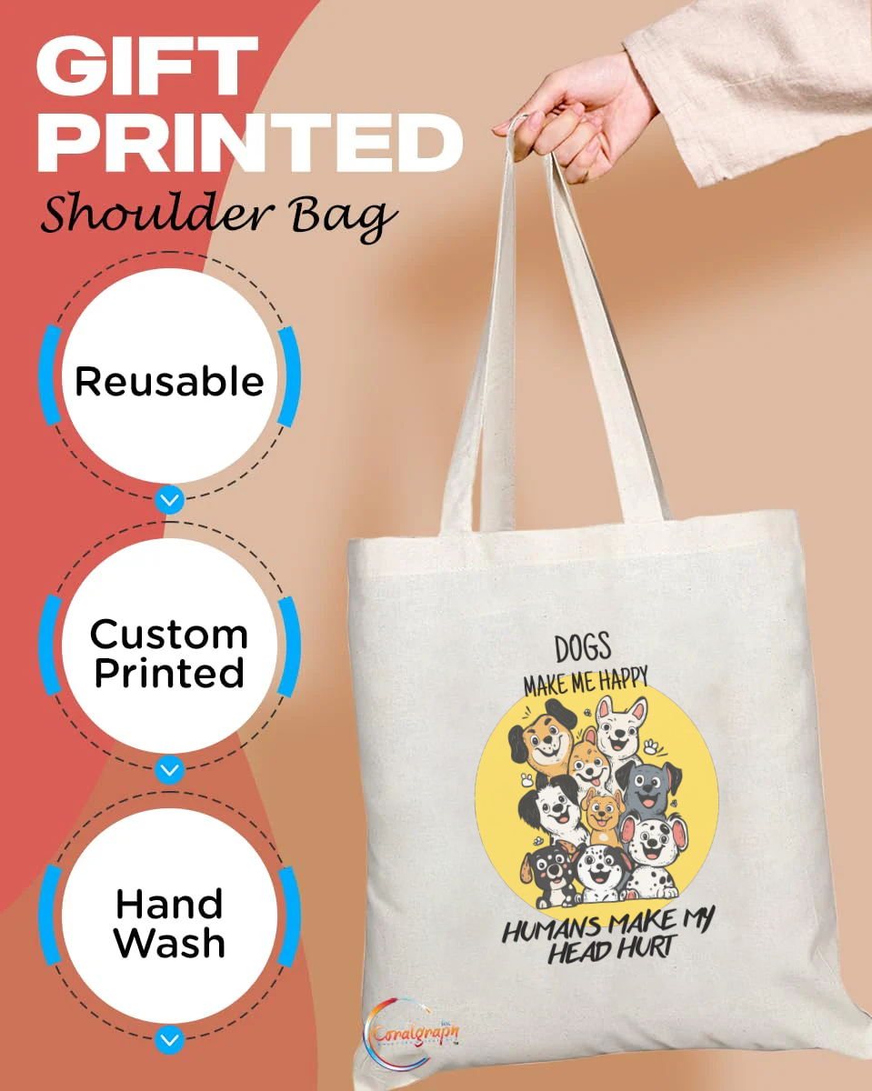 Funny Dog Lovers Tote Bag with “Dogs Make Me Happy, Humans Make My Head Hurt” Quote – Handmade, Reusable, Durable, Custom Printed Gift Bag – TB2210
