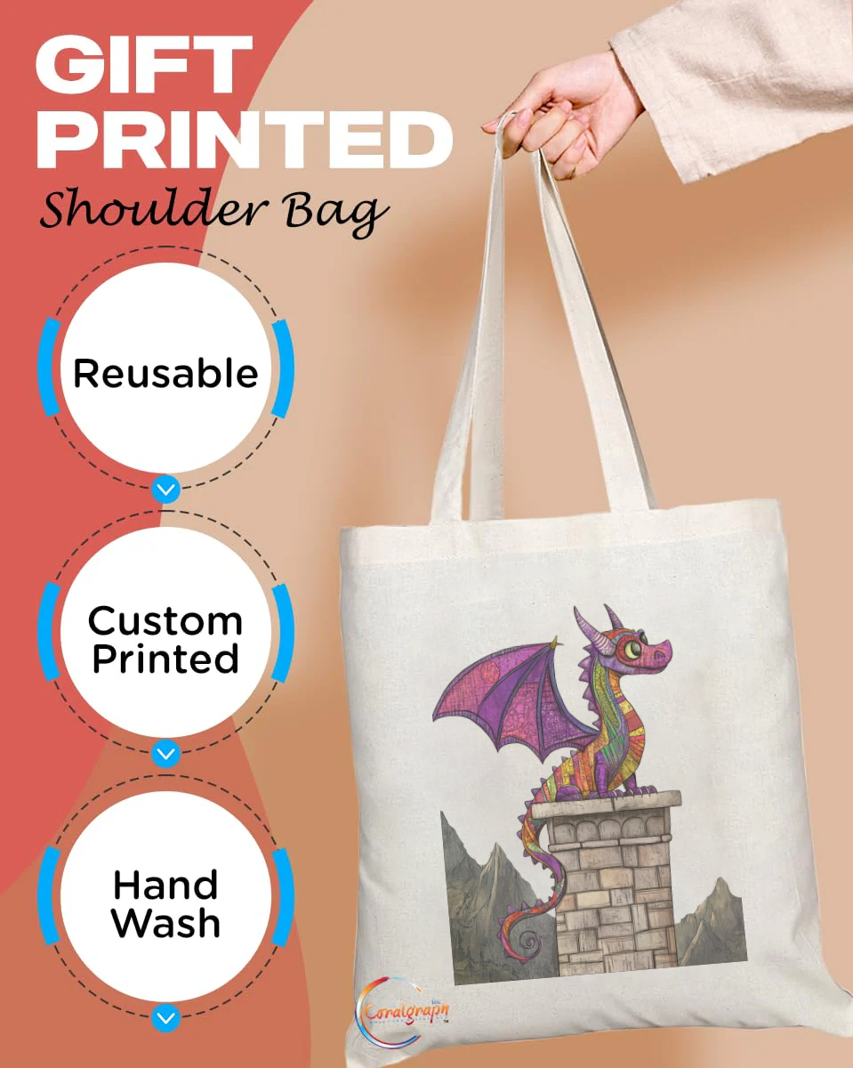 Whimsical Fantasy Dragon Tote Bag – Colorful Dragon Illustration Perched on Tower – Handmade in UK, Durable & Reusable for Everyday Use – TB2212