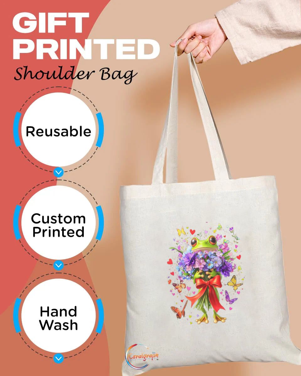 Floral Frog with Heart and Butterfly Accents Tote Bag – Handmade in the UK, Eco-Friendly Gift Bag with Colorful Bouquet Illustration – TB2215