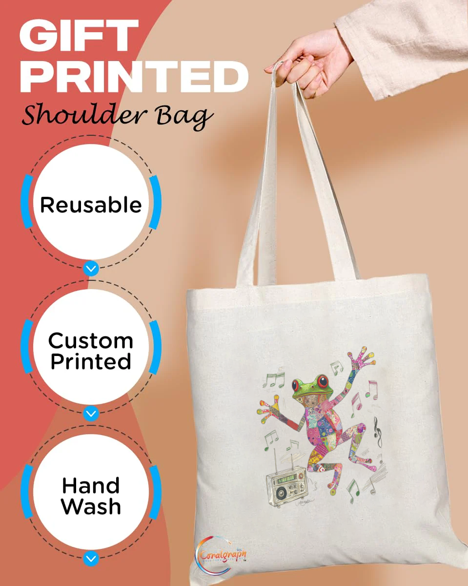 Dancing Frog Tote Bag with Musical Notes & Boombox – Handmade in the UK, Eco-Friendly, Reusable Shoulder Bag for Music and Frog Lovers – TB2221