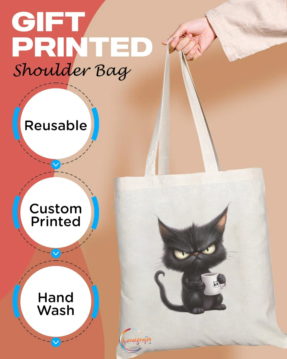 Grumpy Black Cat with Coffee Mug Tote Bag – Handmade in the UK, Reusable Durable Shopping Bag for Cat Lovers with Attitude – TB2217