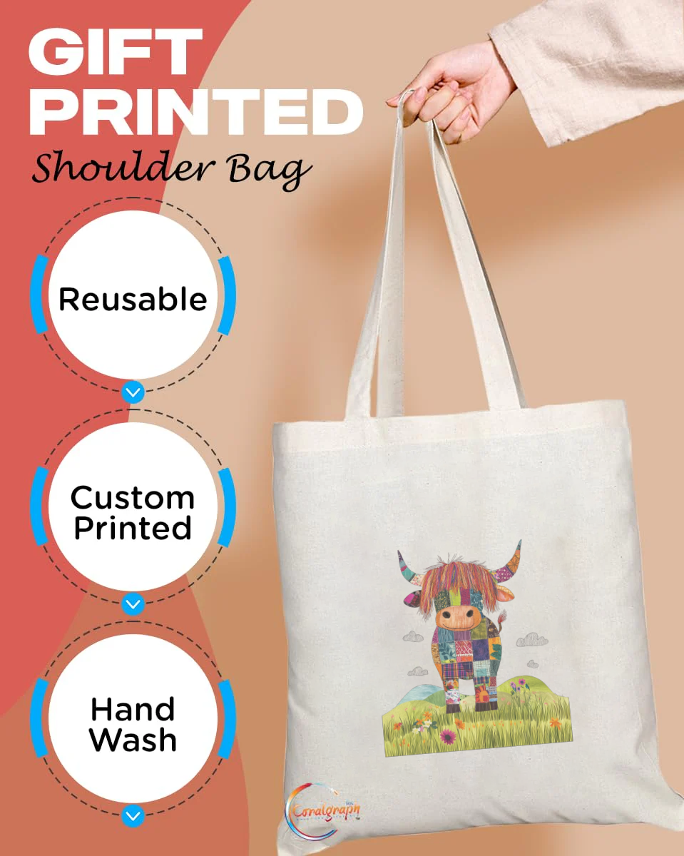 Colorful Highland Cow Tote Bag – Handmade in the UK, Ethically Printed, Durable & Reusable Fabric Shopper with Whimsical Patchwork Design – TB2220