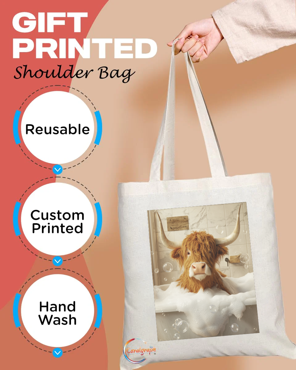 Funny Highland Cow Bubble Bath Tote Bag – Handmade in the UK, Ethically Printed, Durable & Reusable Fabric Shopper with Quirky Cow Design – TB2232