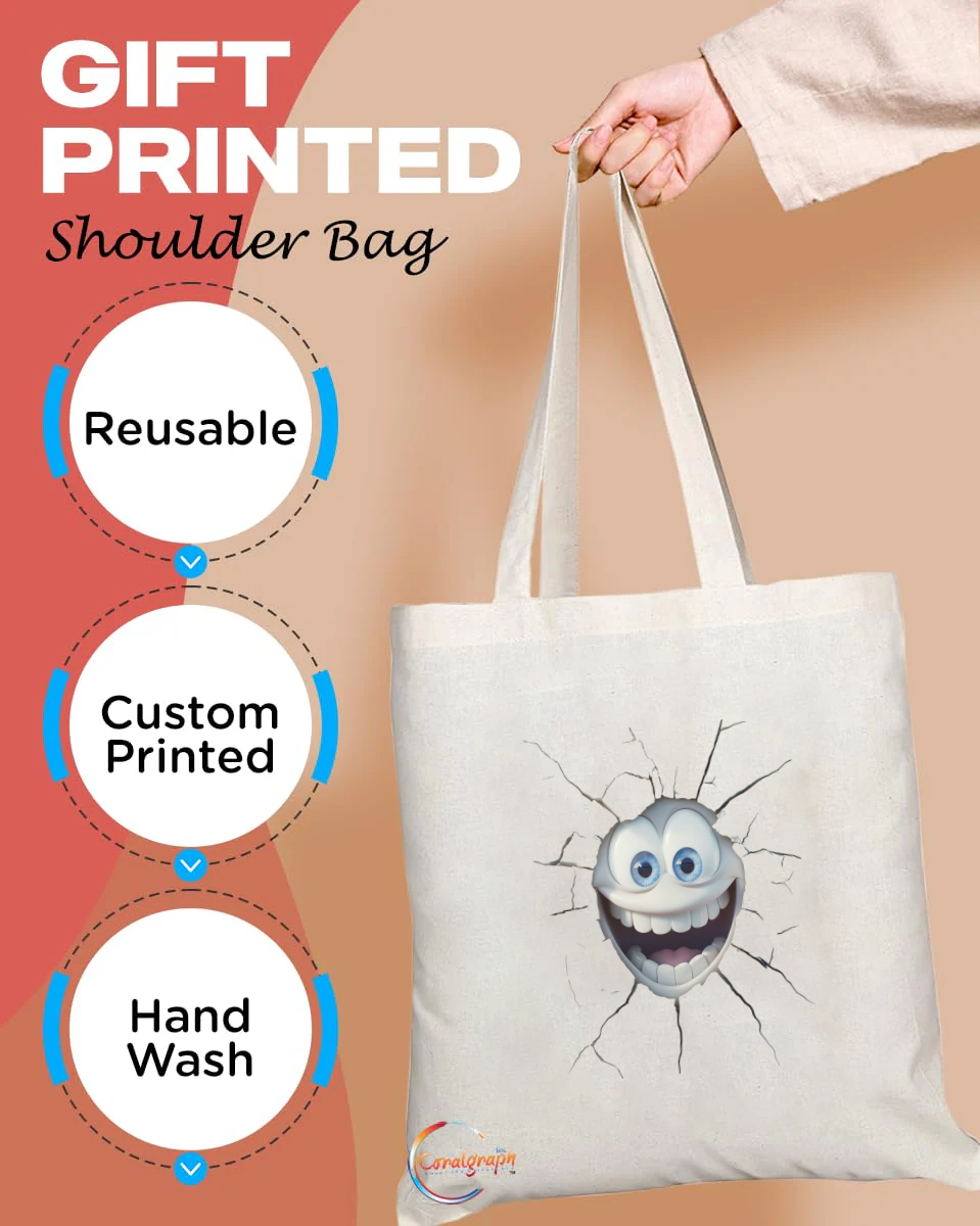 Funny Joyful Face Cracking Through Tote Bag – Handmade in the UK, Durable & Ethically Printed Fabric Shopper with Comic 3D Smile Design – TB2222