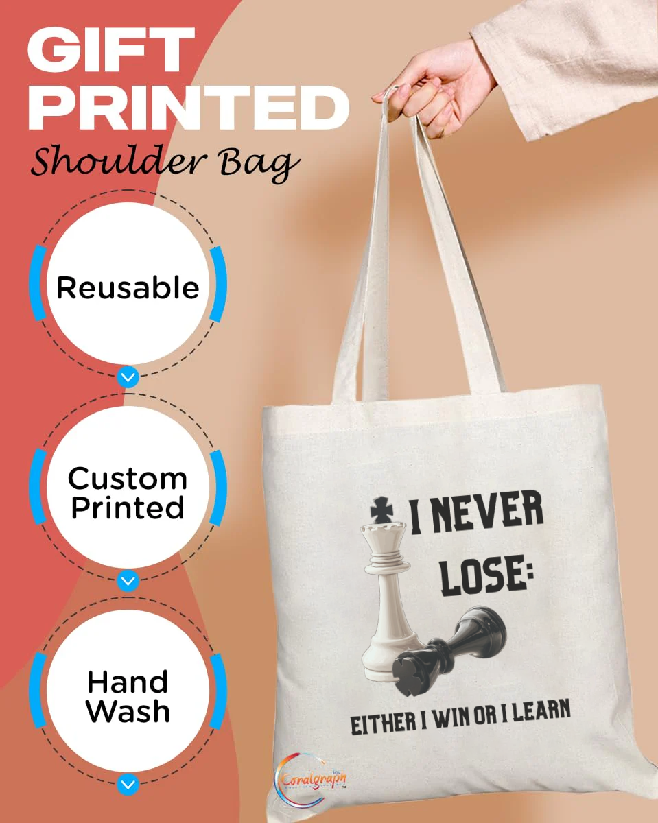 I Never Lose" Chess Tote Bag – Motivational Quote Canvas Shoulder Bag for Players & Strategists – TB2227