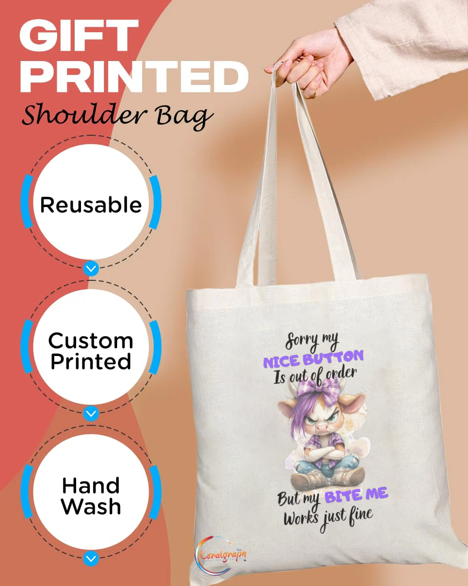 "Nice Button Out of Order" Attitude Tote Bag – Sassy Quote Canvas Bag with Grumpy Girl Design – TB2228