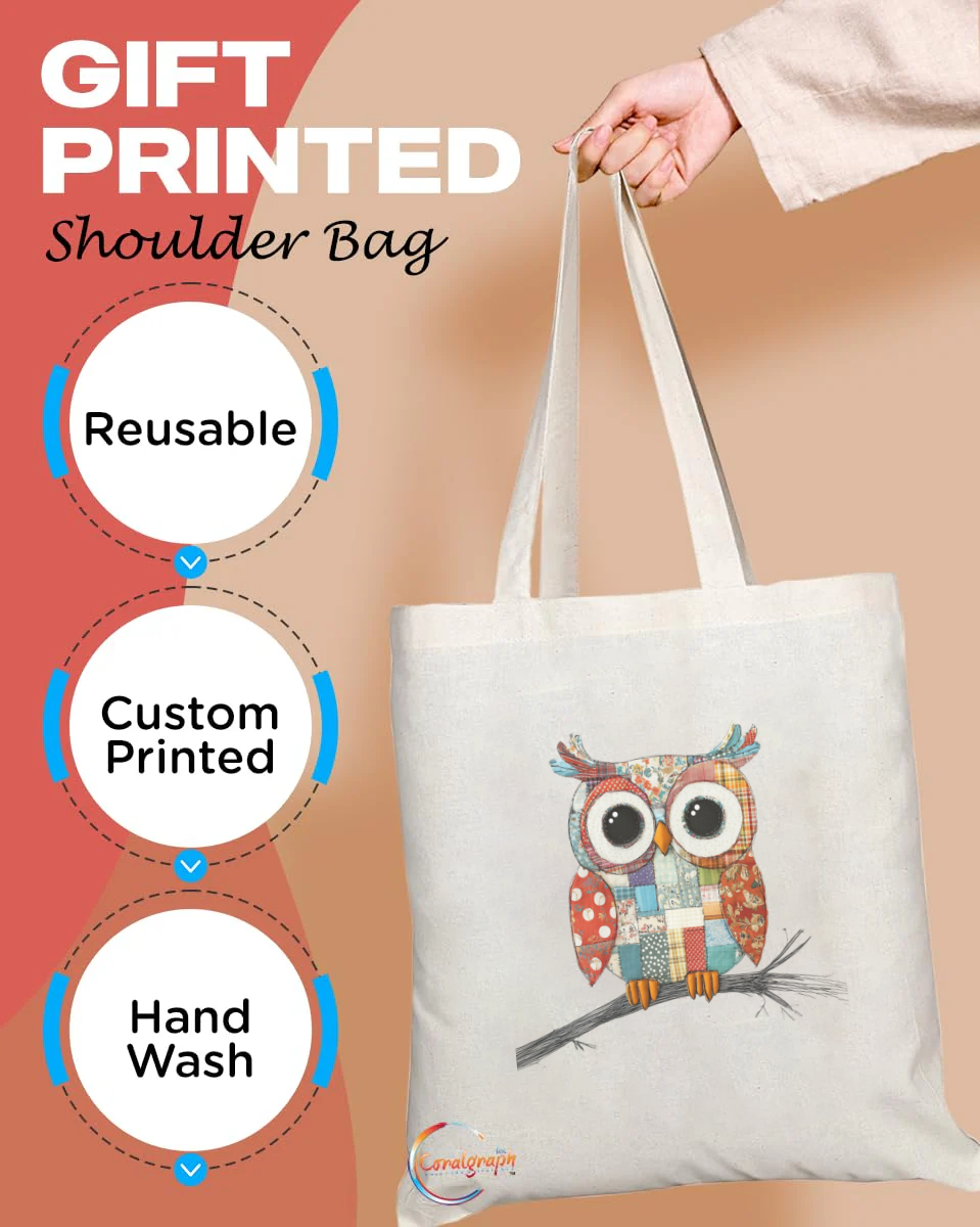 Charming Patchwork Owl Eco Tote Bag – Handmade in the UK with Ethically Produced Polyester, Reusable & Durable, 38x42cm – Product Code: TB2243