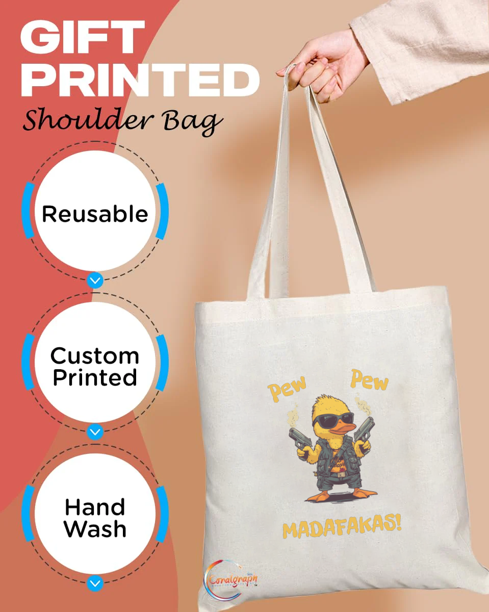 Funny Duck Tote Bag – “Pew Pew Madafakas!” Bold Quote Design, Handmade in the UK, Reusable Eco-Friendly Durable Bag – Product Code: TB2240