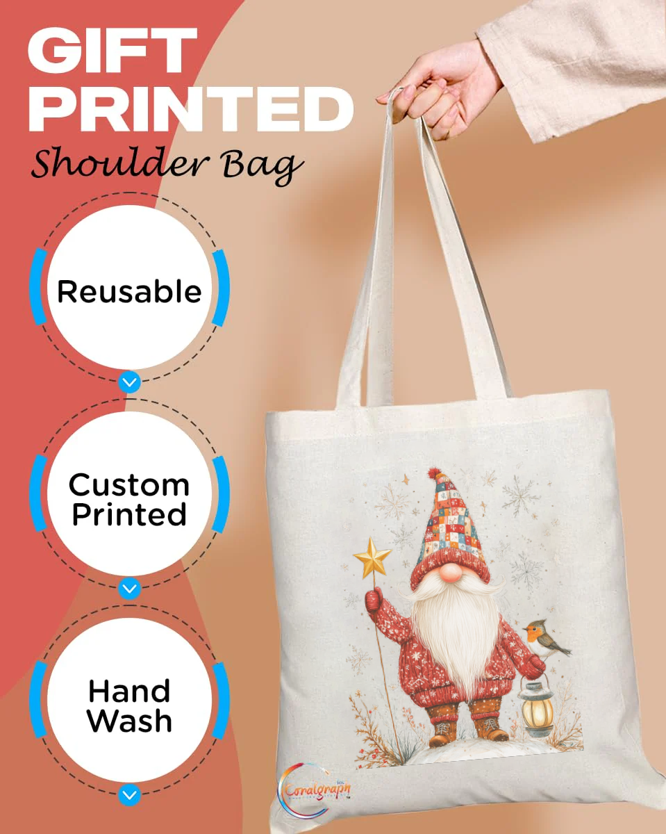 Christmas Gnome Tote Bag – Festive Santa Gonk with Star & Lantern Design, Handmade in the UK, Reusable & Durable Holiday Shopper – Product Code: TB2241