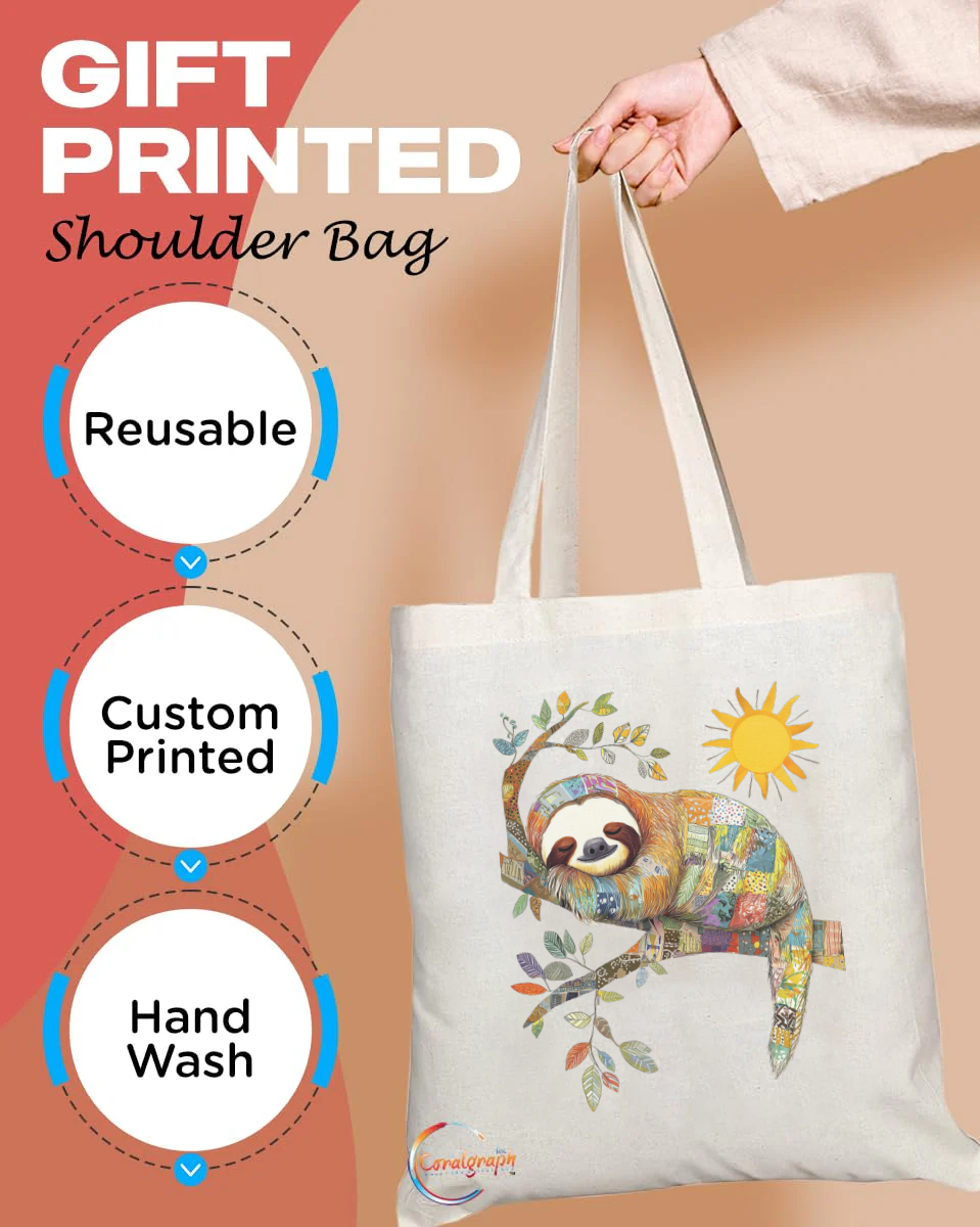 Sloth Lover’s Eco Tote Bag – Vibrant Sun & Tree Design with Relaxing Sloth – Handmade in the UK, Ethical & Durable Alternative to Plastic TB2234