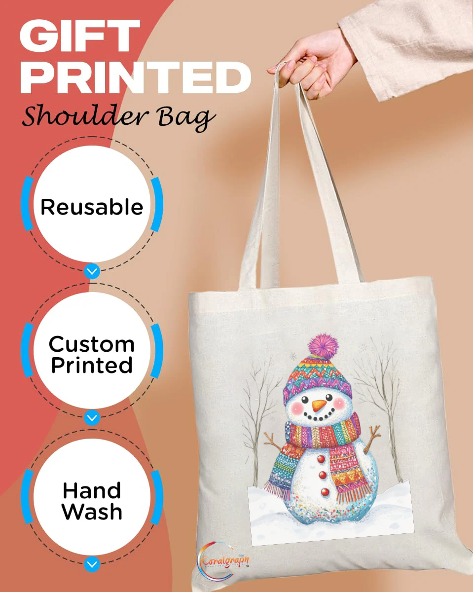 Cheerful Snowman Winter Tote Bag – Colourful Knitted Hat & Scarf Design – Handmade in the UK, Eco-Friendly and Durable Winter Shopper TB2235