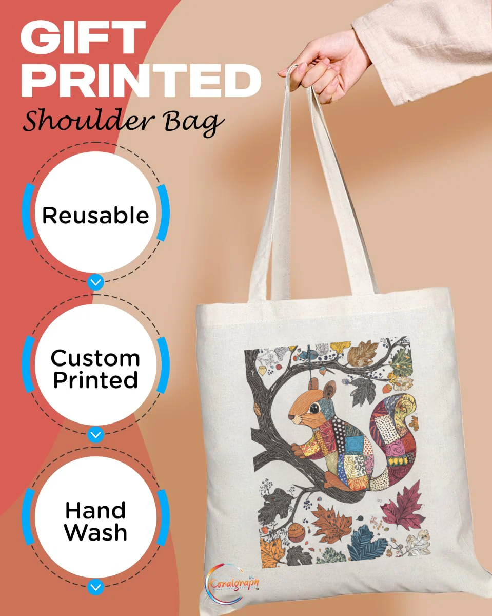 Autumn Patchwork Squirrel Tote Bag – Vibrant Fall Leaves Design, Handmade in the UK, Ethically Crafted & Durable Reusable Shopper TB2236