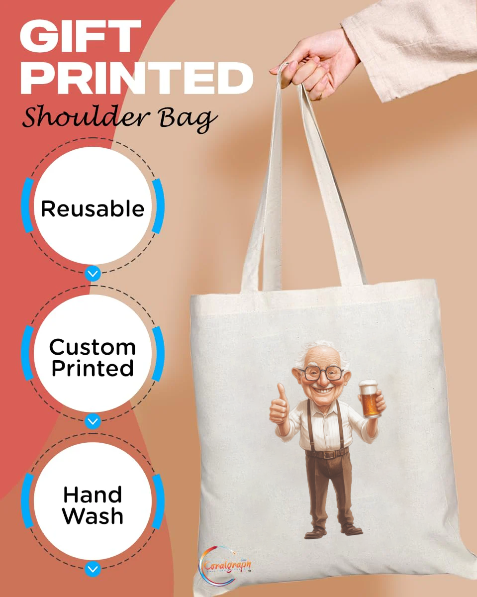 Cheerful Grandpa with Beer Tote Bag – Fun Cartoon Print, Handmade in the UK, Reusable Ethically Made Shopper for Everyday Use TB2230