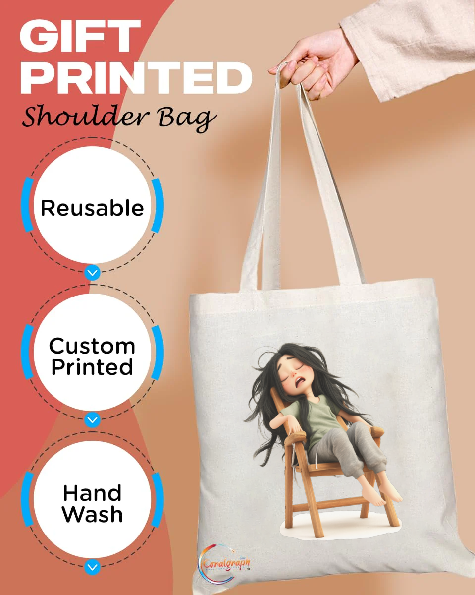 Funny Lazy Girl on Chair Eco Tote Bag with Ethically Printed Durable Fabric, Handmade in the UK – Reusable, Comfortable, Stylish and Functional – TB2231