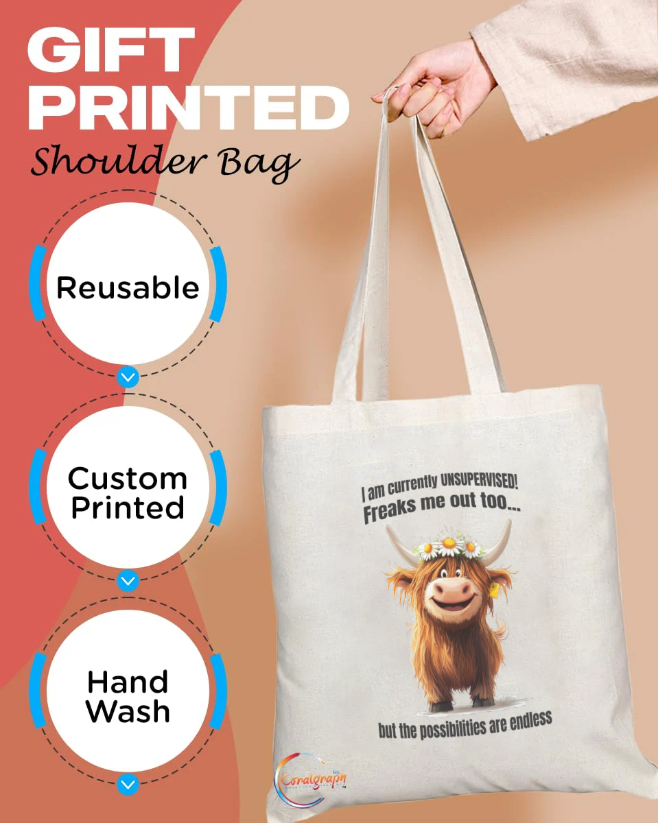 Funny Highland Cow "Unsupervised Possibilities" Eco Tote Bag – Handmade in the UK, Ethically Printed, Durable & Reusable Shopping Bag – TB2229