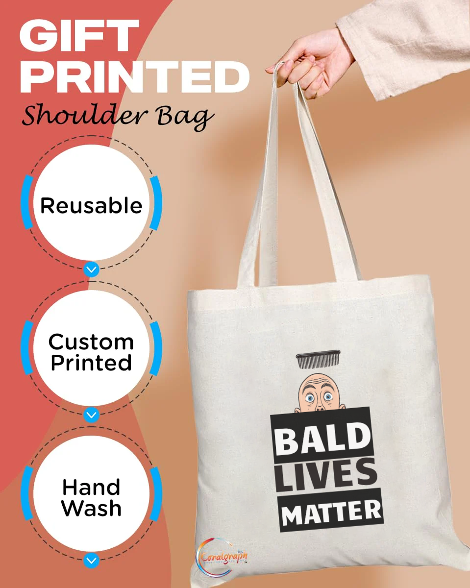Funny Tote Bag with "Bald Lives Matter" Design – Reusable Handmade Shoulder Bag with Comical Cartoon Artwork for Bald Men, Gag Gift Idea – TB2203