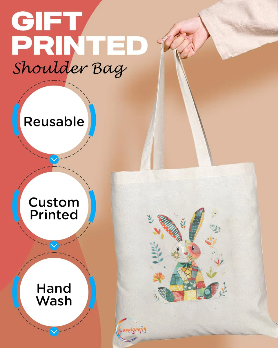 Colorful Patchwork Bunny Printed Tote Bag – Handmade UK Shoulder Bag, Reusable, Durable, Eco-Friendly Gift Idea for Every Occasion – TB2204