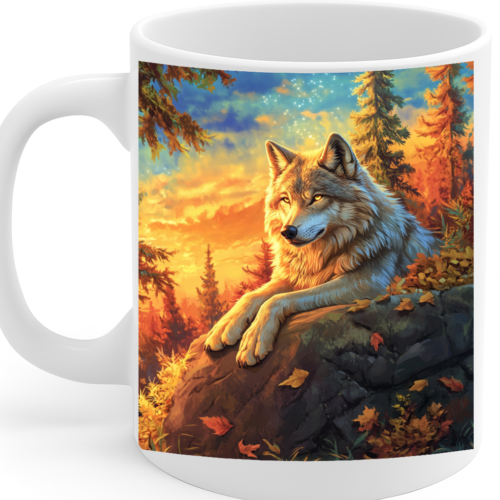 Majestic Wolf in Autumn Forest Coffee Mug – Vivid Wildlife Art Print, Nature Lover’s Gift, 11 oz Ceramic with Comfortable Handle, Dishwasher & Microwave Safe – MG6606