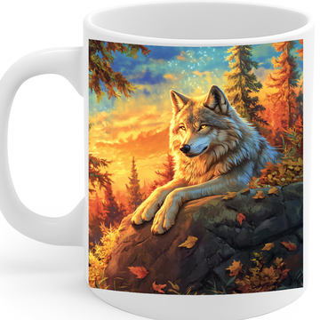 Majestic Wolf in Autumn Forest Coffee Mug – Vivid Wildlife Art Print, Nature Lover’s Gift, 11 oz Ceramic with Comfortable Handle, Dishwasher & Microwave Safe – MG6606