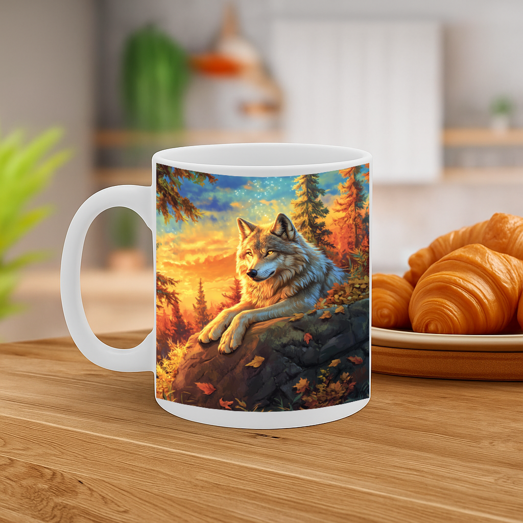 Majestic Wolf in Autumn Forest Coffee Mug – Vivid Wildlife Art Print, Nature Lover’s Gift, 11 oz Ceramic with Comfortable Handle, Dishwasher & Microwave Safe – MG6606