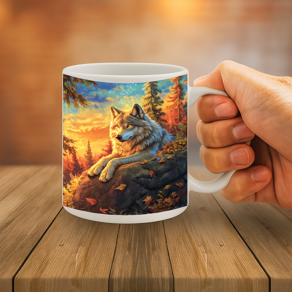 Majestic Wolf in Autumn Forest Coffee Mug – Vivid Wildlife Art Print, Nature Lover’s Gift, 11 oz Ceramic with Comfortable Handle, Dishwasher & Microwave Safe – MG6606