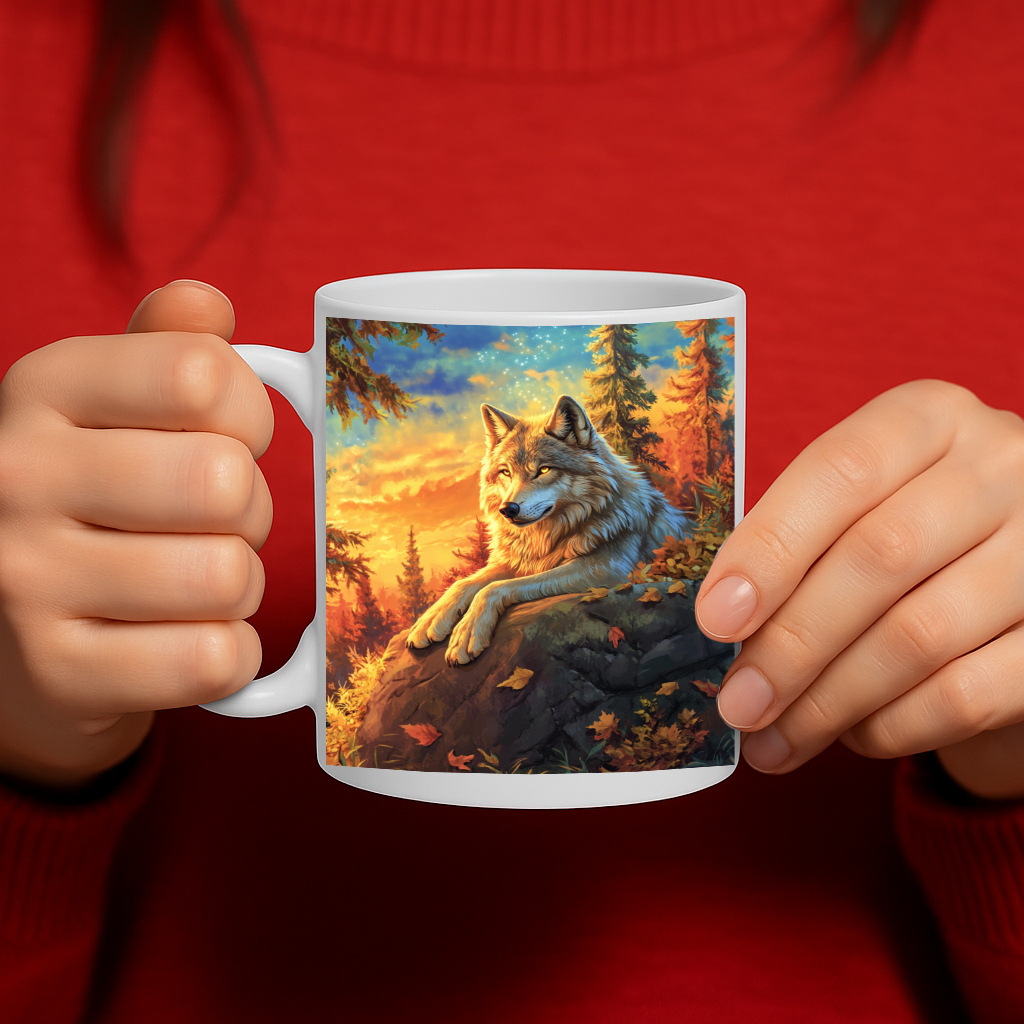 Majestic Wolf in Autumn Forest Coffee Mug – Vivid Wildlife Art Print, Nature Lover’s Gift, 11 oz Ceramic with Comfortable Handle, Dishwasher & Microwave Safe – MG6606